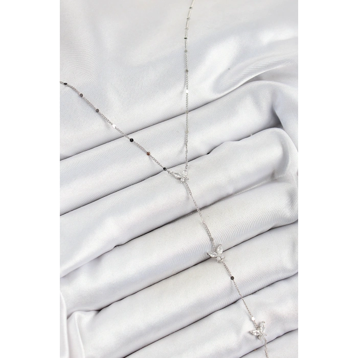 Pirinç Zirkon Taşlı Sıralı Kelebek Figürlü Y Model Gümüş Renk Kadın Kolye