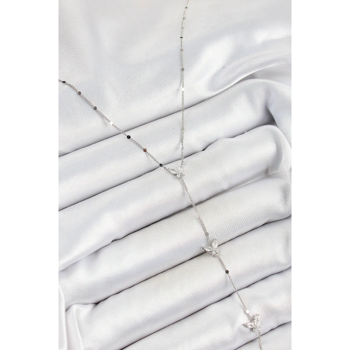 Pirinç Zirkon Taşlı Sıralı Kelebek Figürlü Y Model Gümüş Renk Kadın Kolye