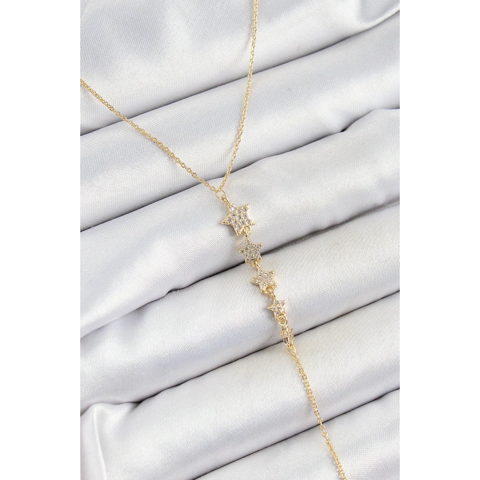 Pirinç Zirkon Taşlı Sıralı Yıldız Figürlü Y Model Gold Renk Kadın Kolye