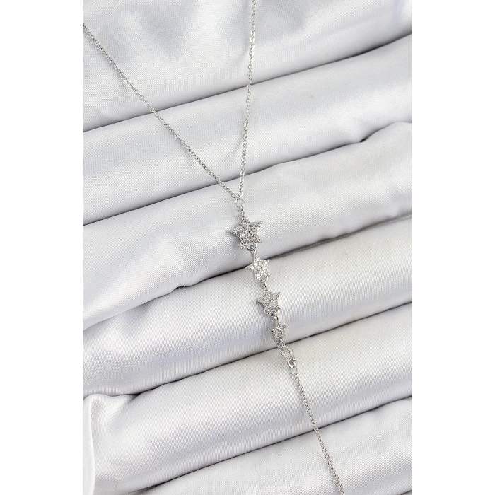 Pirinç Zirkon Taşlı Sıralı Yıldız Figürlü Y Model Gümüş Renk Kadın Kolye