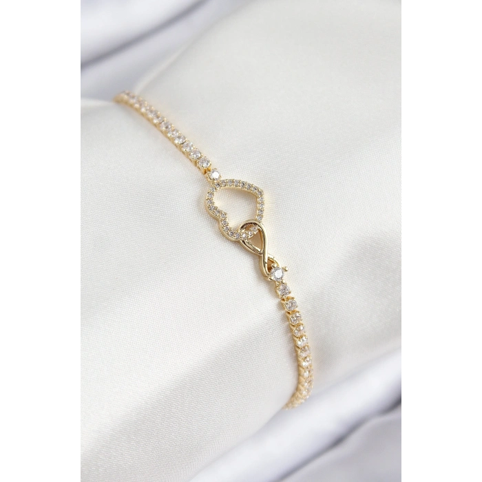 Pirinç Zirkon Taşlı Sonsuzluk Kalp Model Gold Renk Kadın Bileklik