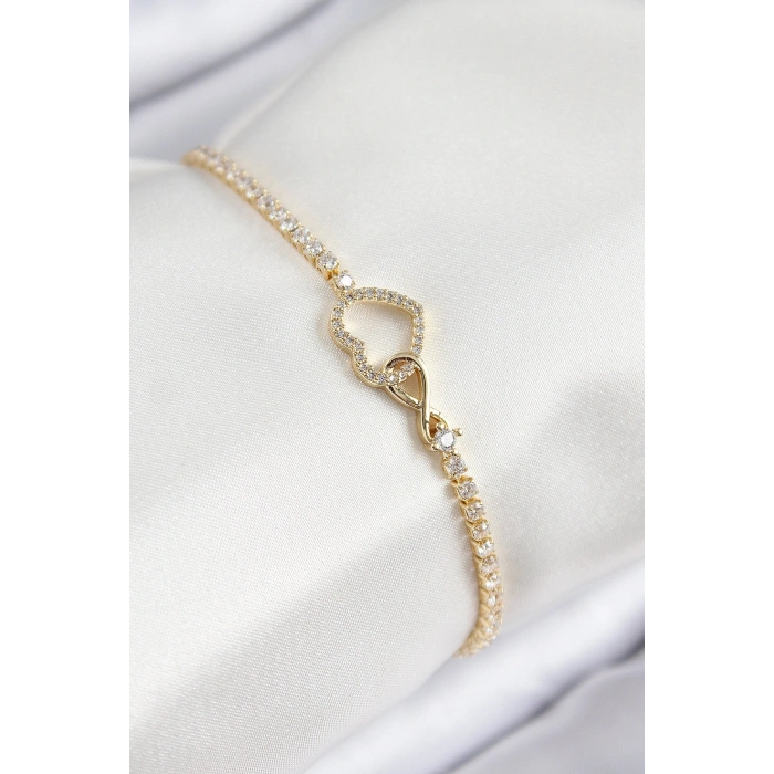 Pirinç Zirkon Taşlı Sonsuzluk Kalp Model Gold Renk Kadın Bileklik