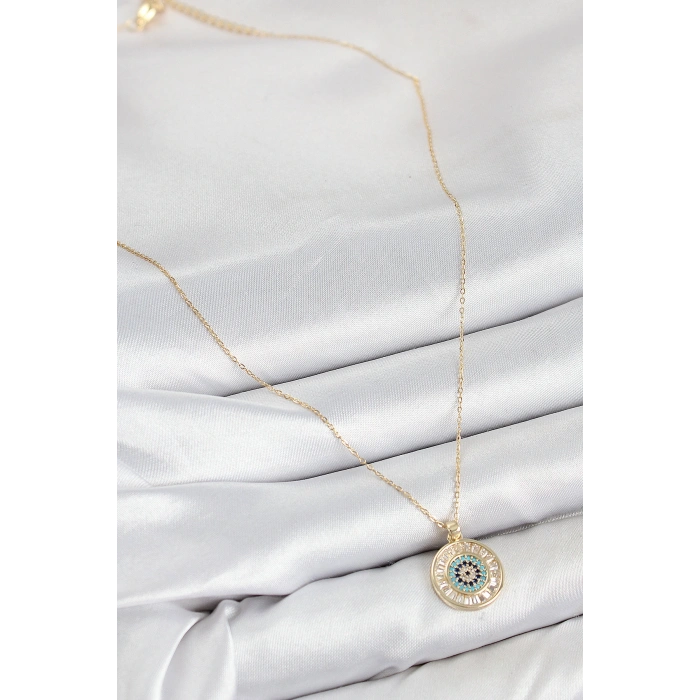 Pirinç Zirkon Taşlı Su Yolu Nazar Model Gold Renk Kadın Kolye