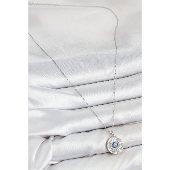 Pirinç Zirkon Taşlı Su Yolu Nazar Model Gümüş Renk Kadın Kolye