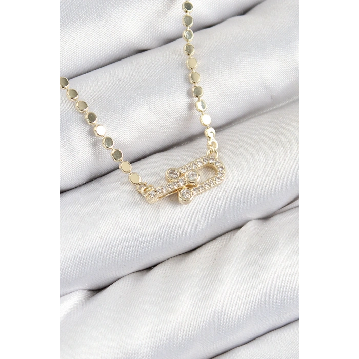 Pirinç Zirkon Taşlı Tifany Model Ezme Zincir Gold Renk Kadın Kolye