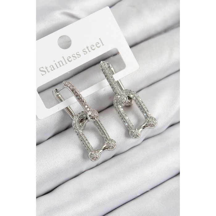 Pirinç Zirkon Taşlı Tifany Model Gümüş Renk Kadın Küpe