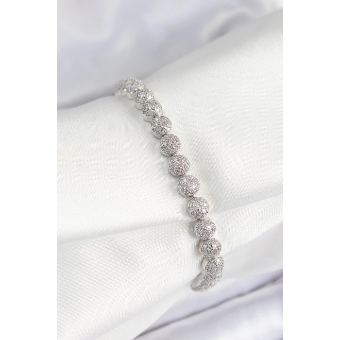 Pirinç Zirkon Taşlı Yarım Topcuk Model Gümüş Renk VIP Seri Kadın Bileklik