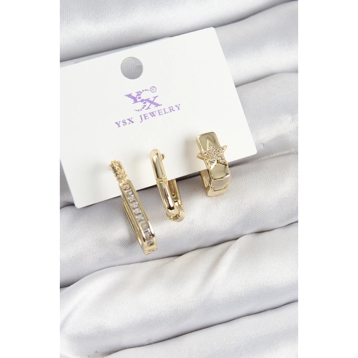 Pirinç Zİrkon Taşlı Yıldız Model Gold Renk 3lü Kadın Küpe