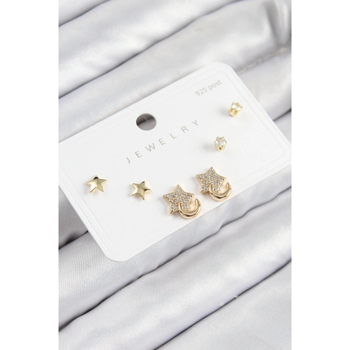 Pirinç Zirkon Taşlı Yıldız Model Gold Renk 925 Ayar Gümüş Çivi Kadın Küpe Set