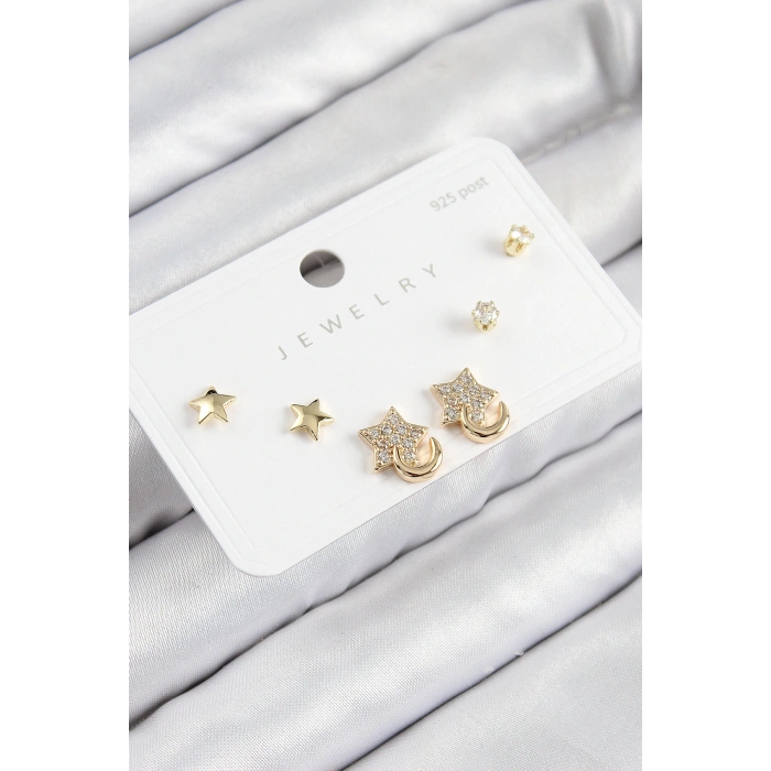 Pirinç Zirkon Taşlı Yıldız Model Gold Renk 925 Ayar Gümüş Çivi Kadın Küpe Set