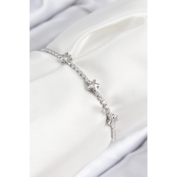 Pirinç Zirkon Taşlı Yıldız Model Gümüş Renk Asansörlü Kadın Bileklik