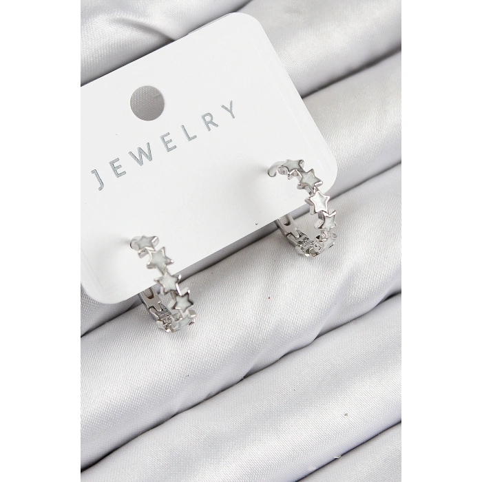 Pirinç Zirkon Taşlı Yıldız Model Gümüş Renk Kadın Küpe