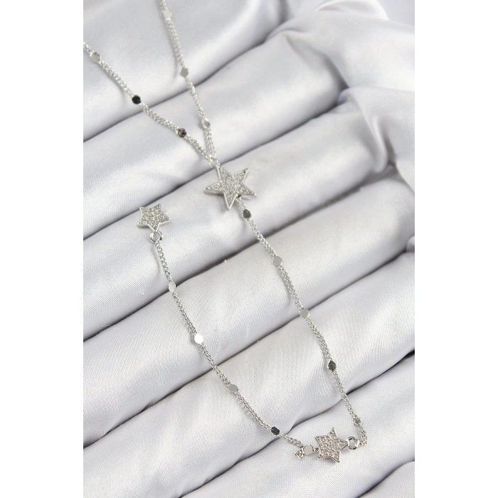 Pirinç Zirkon Taşlı Yıldız Model Gümüş Renk Y Kolye