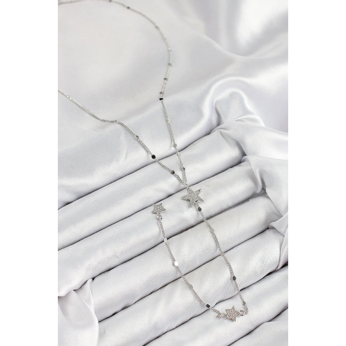 Pirinç Zirkon Taşlı Yıldız Model Gümüş Renk Y Kolye