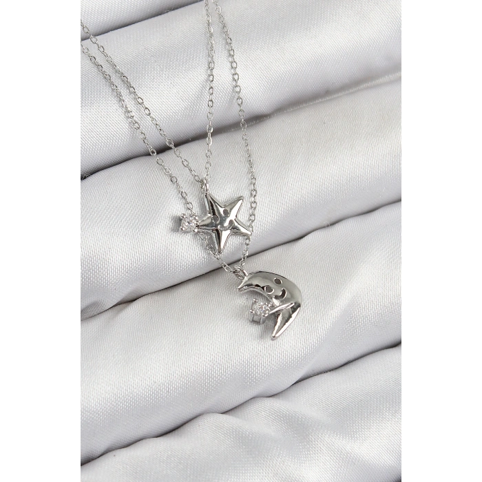 Pirinç Zirkon Taşlı Yıldız Ve Ay Model Gümüş Renk Kadın Kolye