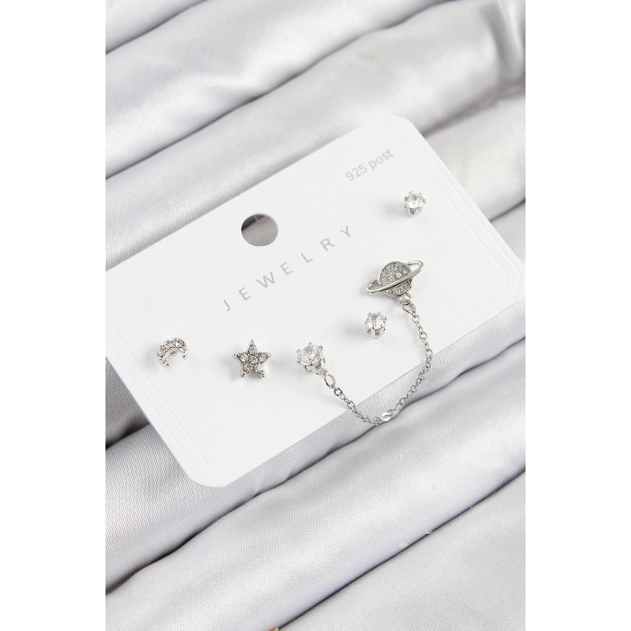 Pirinç Zirkon Taşlı Yıldız Ve Gezegen Model Gümüş Renk 925 Ayar Gümüş Çivi Kadın Küpe Set