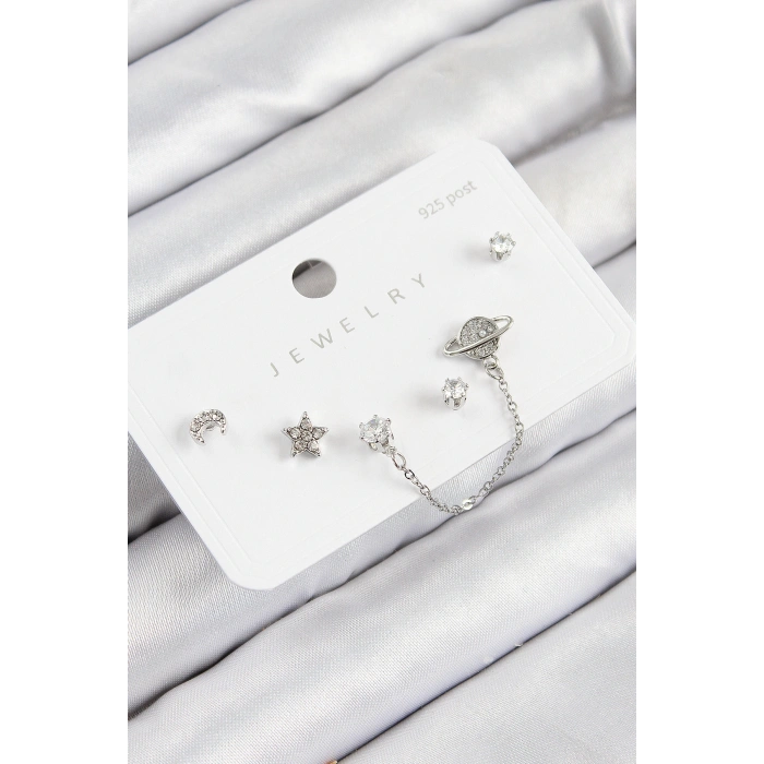 Pirinç Zirkon Taşlı Yıldız Ve Gezegen Model Gümüş Renk 925 Ayar Gümüş Çivi Kadın Küpe Set