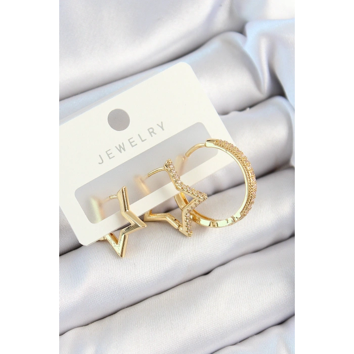 Pirinç Zirkon Taşlı Yıldız Ve Halka Model Gold Renk 3lü Çift Kadın Küpe Set