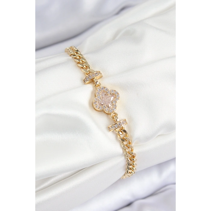Pirinç Zirkon Taşlı Yonca Model Gold Renk Kadın Bileklik