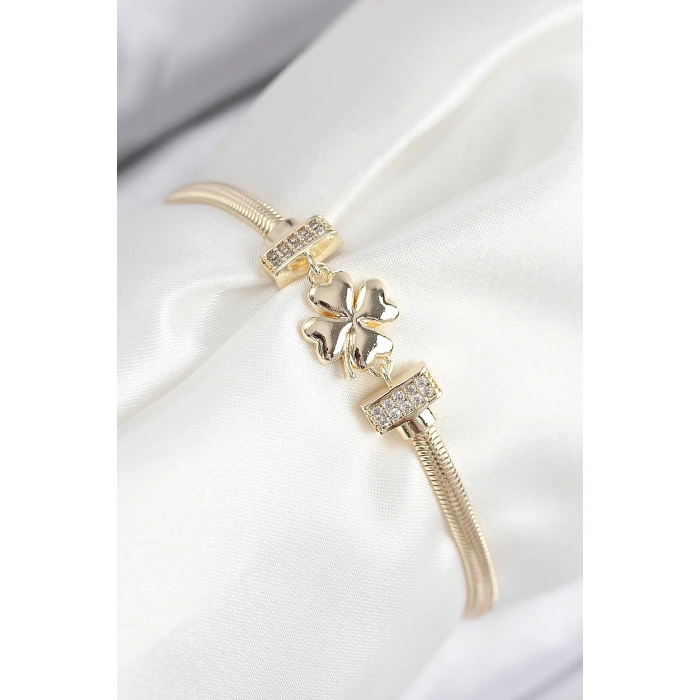 Pirinç Zirkon Taşlı Yonca Model Gold Renk Kadın Bileklik