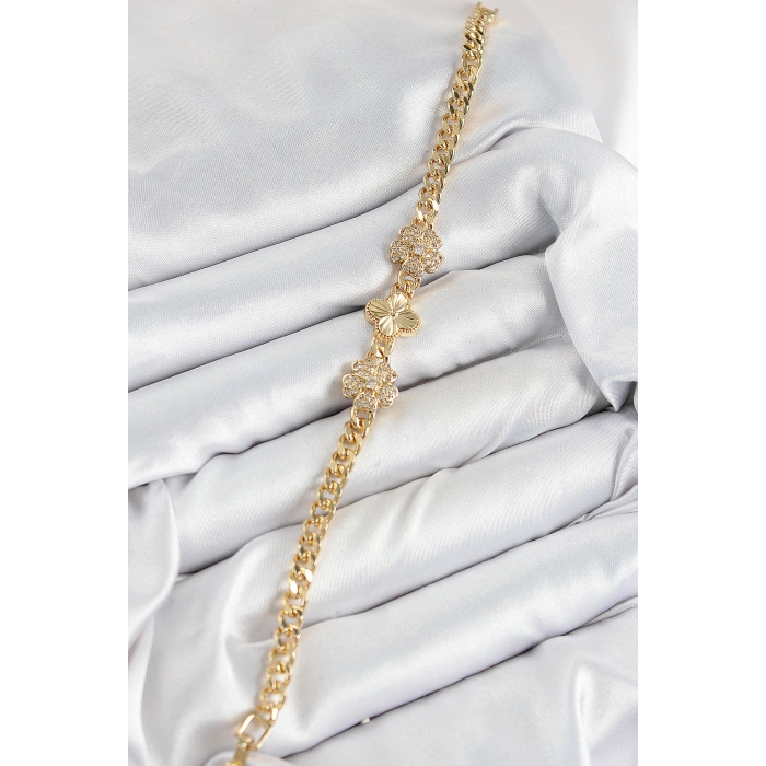 Pirinç Zirkon Taşlı Yonca Model Gold Renk Kadın Bileklik