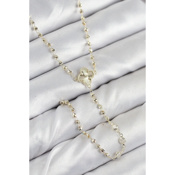 Pirinç Zirkon Taşlı Yonca Model Gold Renk Kadın Y Kolye