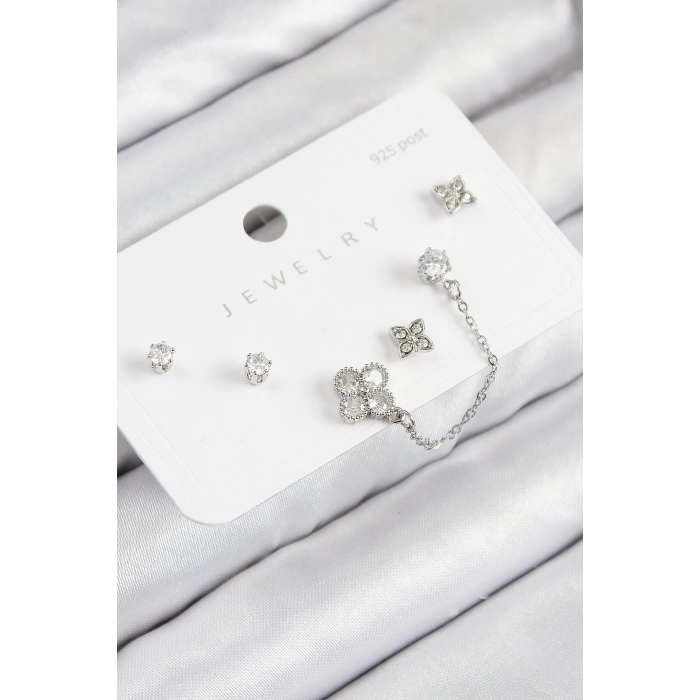 Pirinç Zirkon Taşlı Yonca Model Gümüş Renk 925 Ayar Gümüş Çivi Kadın Küpe Set