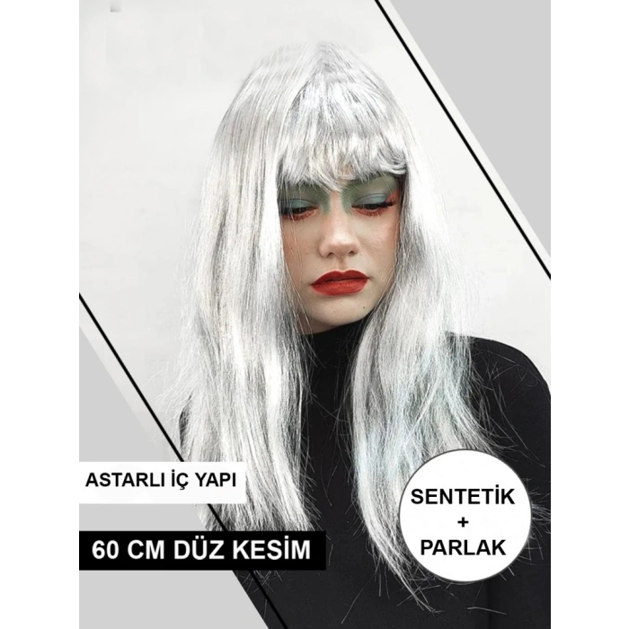 Platin Gri Gümüş Renk Uzun Parti Peruğu Uzun Takma Peruk