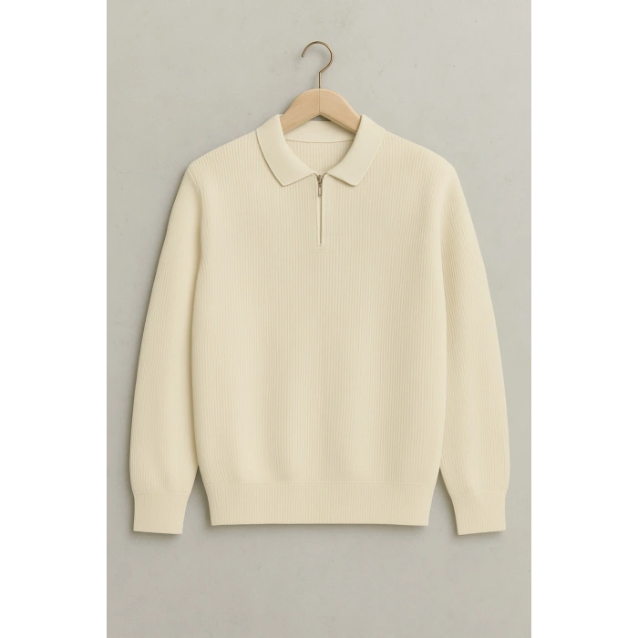Polo Yaka Fermuarlı Çizgili Old Money Örme Birinci Kalite Yumuşak Uzun Kollu Erkek Kazak