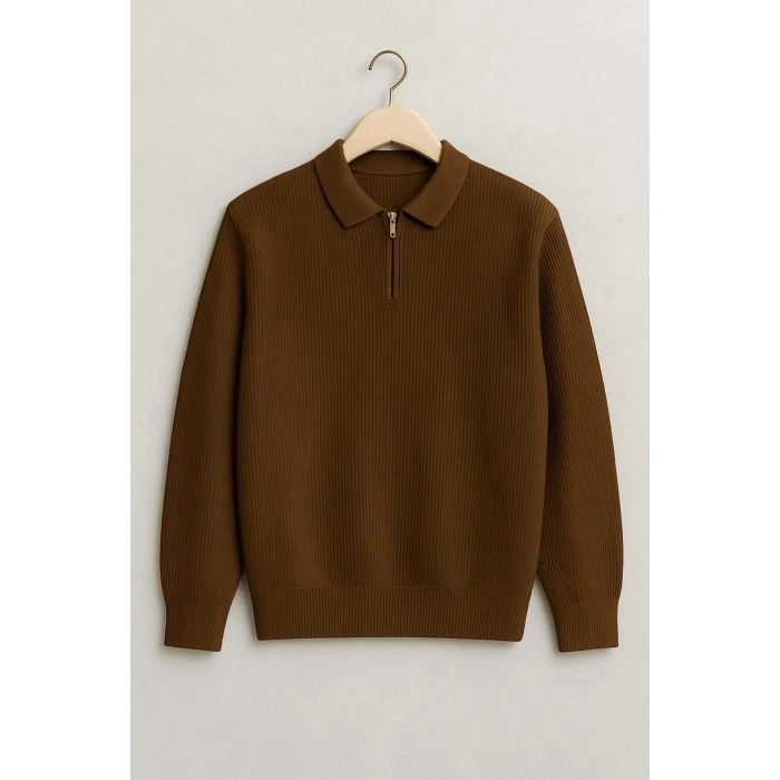 Polo Yaka Fermuarlı Çizgili Old Money Örme Birinci Kalite Yumuşak Uzun Kollu Erkek Kazak