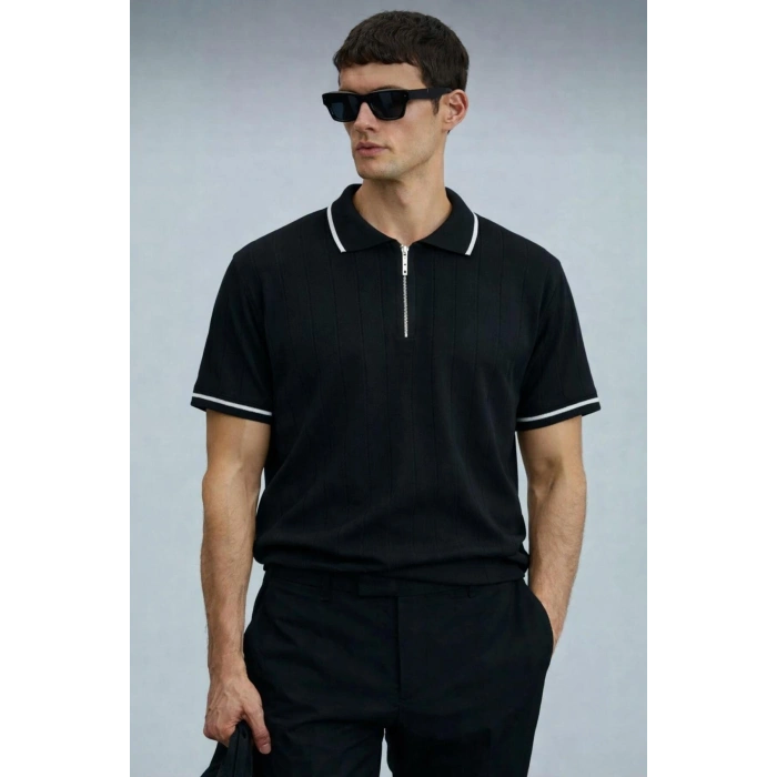 Polyemid Premium Kalite Erkek Kısa Kollu Yarım Fermuar Detaylı Triko Tişört Siyah
