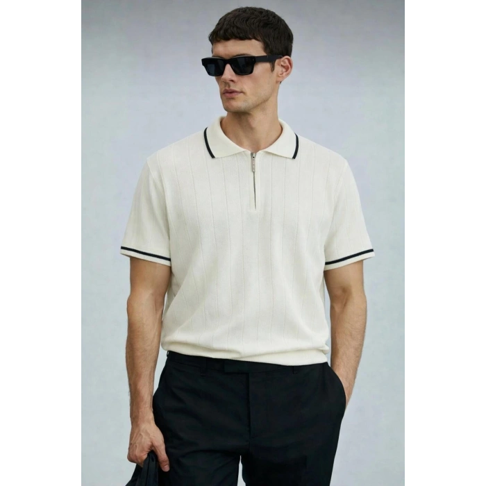 Polyemid Premium Kalite Erkek Kısa Kollu Yarım Fermuar Detaylı Triko Tişört Beyaz