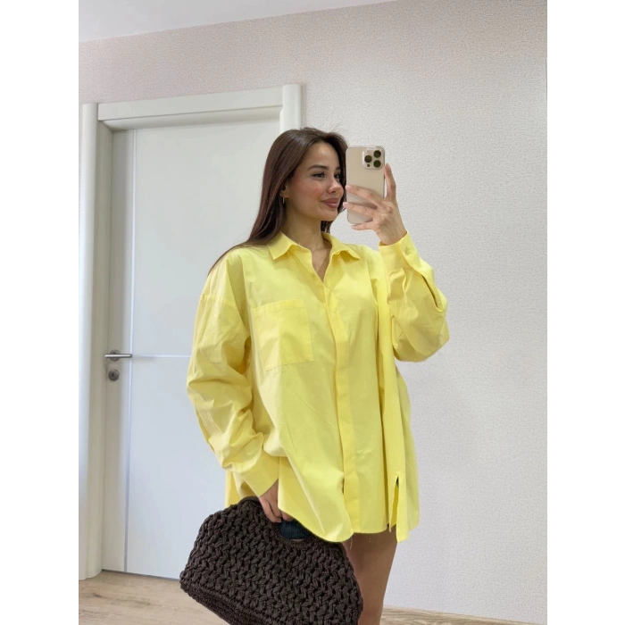 Poplin Kadın Yakalı Yandan Yırtmaçlı Arka Pens Detaylı Gömlek - Sarı