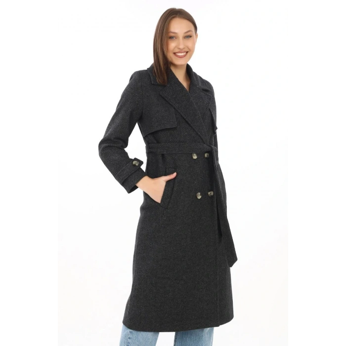 Premium Kadın Kaşe Kaban Uzun Boy, Balık Sırtı Yünlü Kaşmir Dokuma, Kruvaze Kuşaklı Astarlı - Siyah