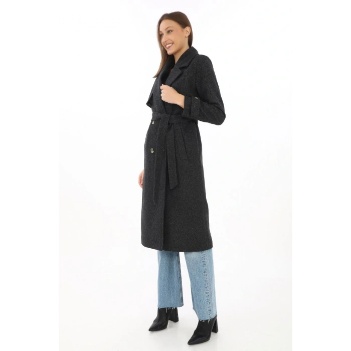 Premium Kadın Kaşe Kaban Uzun Boy, Balık Sırtı Yünlü Kaşmir Dokuma, Kruvaze Kuşaklı Astarlı - Siyah