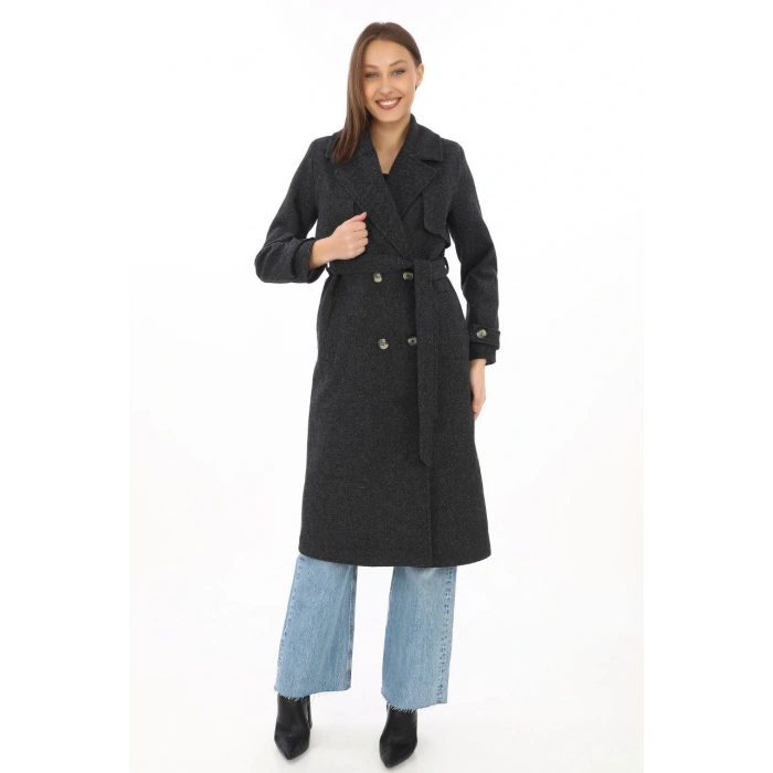 Premium Kadın Kaşe Kaban Uzun Boy, Balık Sırtı Yünlü Kaşmir Dokuma, Kruvaze Kuşaklı Astarlı - Siyah
