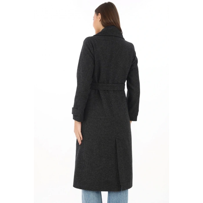 Premium Kadın Kaşe Kaban Uzun Boy, Balık Sırtı Yünlü Kaşmir Dokuma, Kruvaze Kuşaklı Astarlı - Siyah