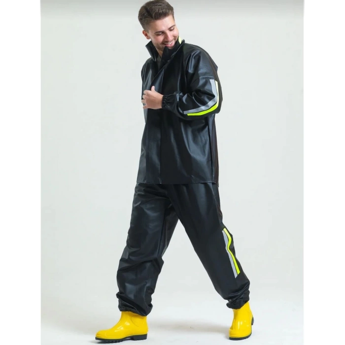 Premium Motorcu Kurye Yağmurluk Takım Su Geçirmez PVC Kumaş Reflektörlü TÜBİTAK Onaylı - Siyah