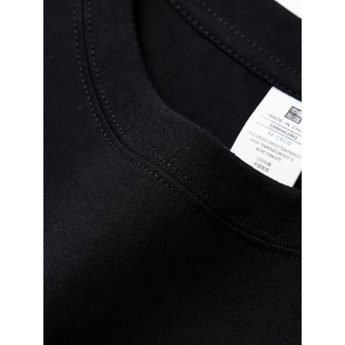 Rahat Bisiklet Yaka Tişört, Yaratıcı Karikatür Baskı - Yumuşak Polyester, Her Mevsim Giyilebilir- Siyah