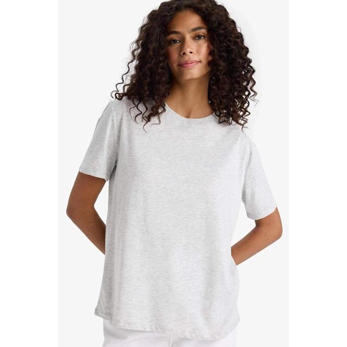 Regular Fit Bisiklet Yaka Gri Kadın T-Shirt
