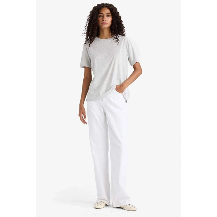 Regular Fit Bisiklet Yaka Gri Kadın T-Shirt