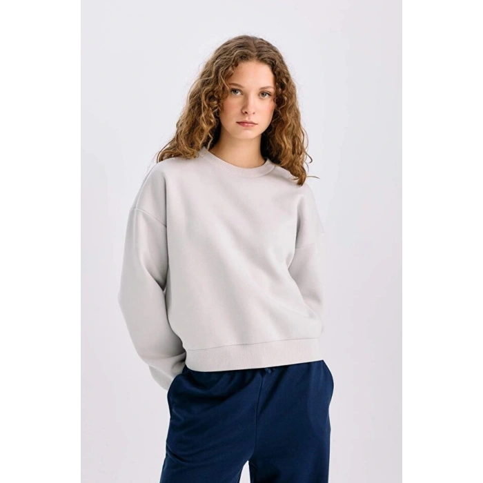 Regular Fit Bisiklet Yaka Kalın Basic Düz Sweatshirt