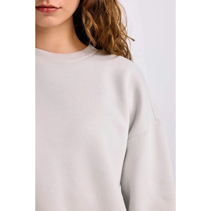 Regular Fit Bisiklet Yaka Kalın Basic Düz Sweatshirt