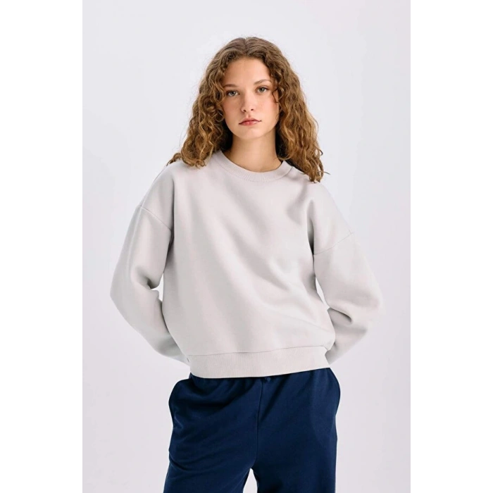 Regular Fit Bisiklet Yaka Kalın Basic Düz Sweatshirt