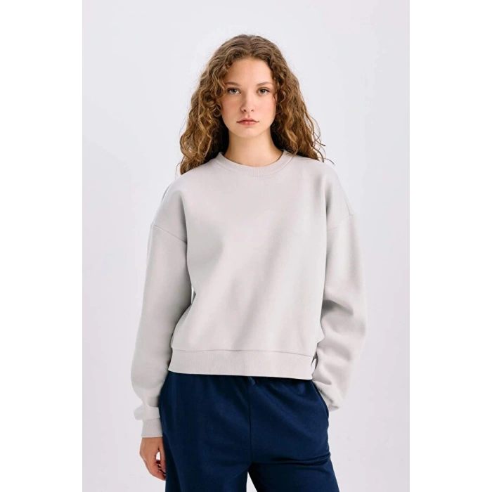 Regular Fit Bisiklet Yaka Kalın Basic Düz Sweatshirt