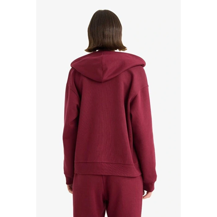 Relax Fit Kapüşonlu Basic Düz Kalın Fermuarlı Sweatshirt