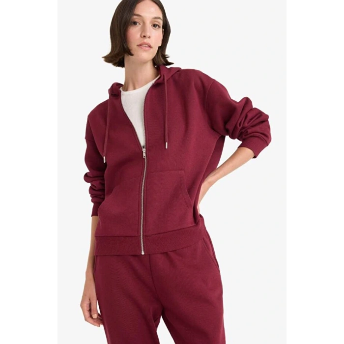 Relax Fit Kapüşonlu Basic Düz Kalın Fermuarlı Sweatshirt