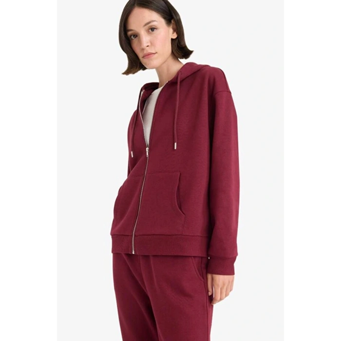 Relax Fit Kapüşonlu Basic Düz Kalın Fermuarlı Sweatshirt