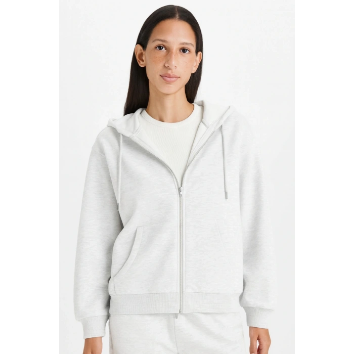 Relax Fit Kapüşonlu Basic Düz Kalın Fermuarlı Sweatshirt