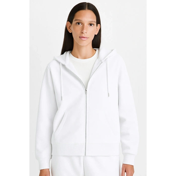 Relax Fit Kapüşonlu Basic Düz Kalın Fermuarlı Sweatshirt